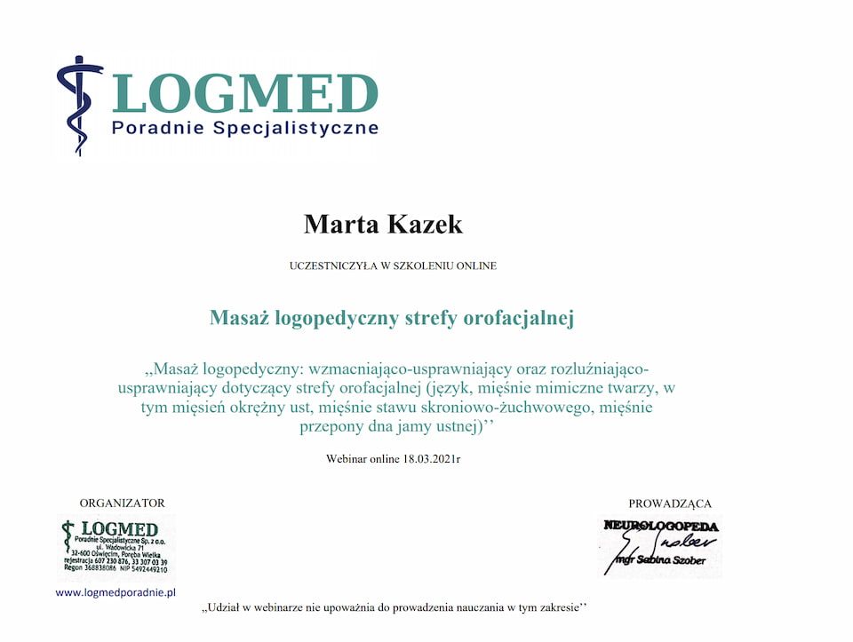 certyfikat ukończenia szkolenia z masażu logopedycznego